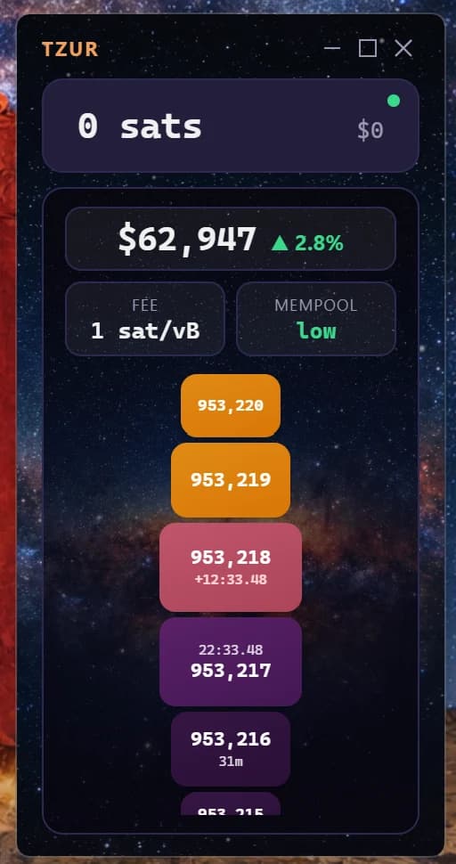 TZUR Wallet Desktop مُصغَّرة إلى أداة مدمجة تعرض الرصيد ومعدل الرسوم وحِمل الـ mempool وخط زمن كتل البيتكوين المباشر