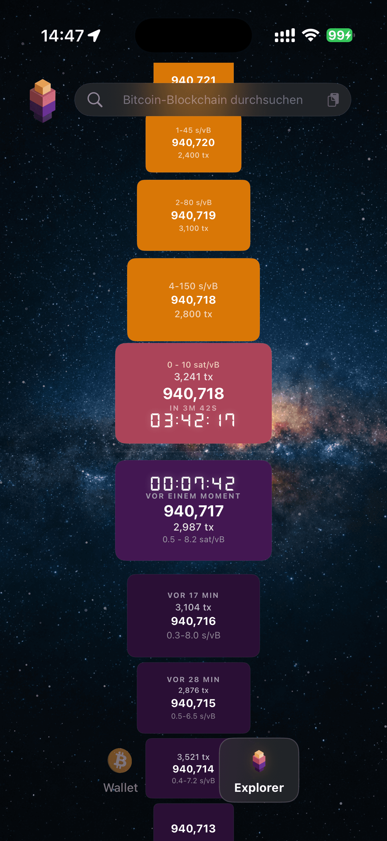 TZUR Wallet auf dem iPhone zeigt den integrierten BlockSight-Bitcoin-Explorer