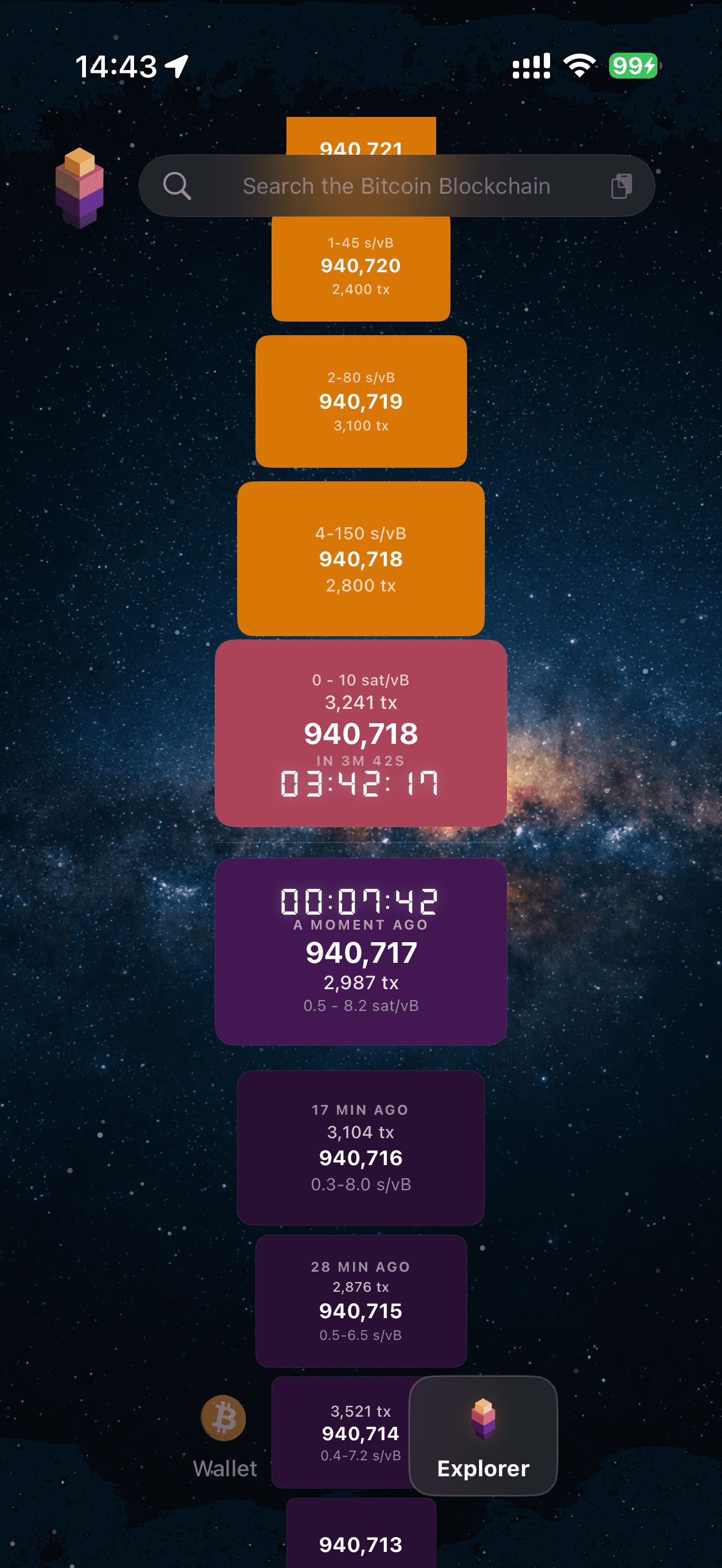 TZUR Wallet on iPhone showing the built-in BlockSight Bitcoin explorer