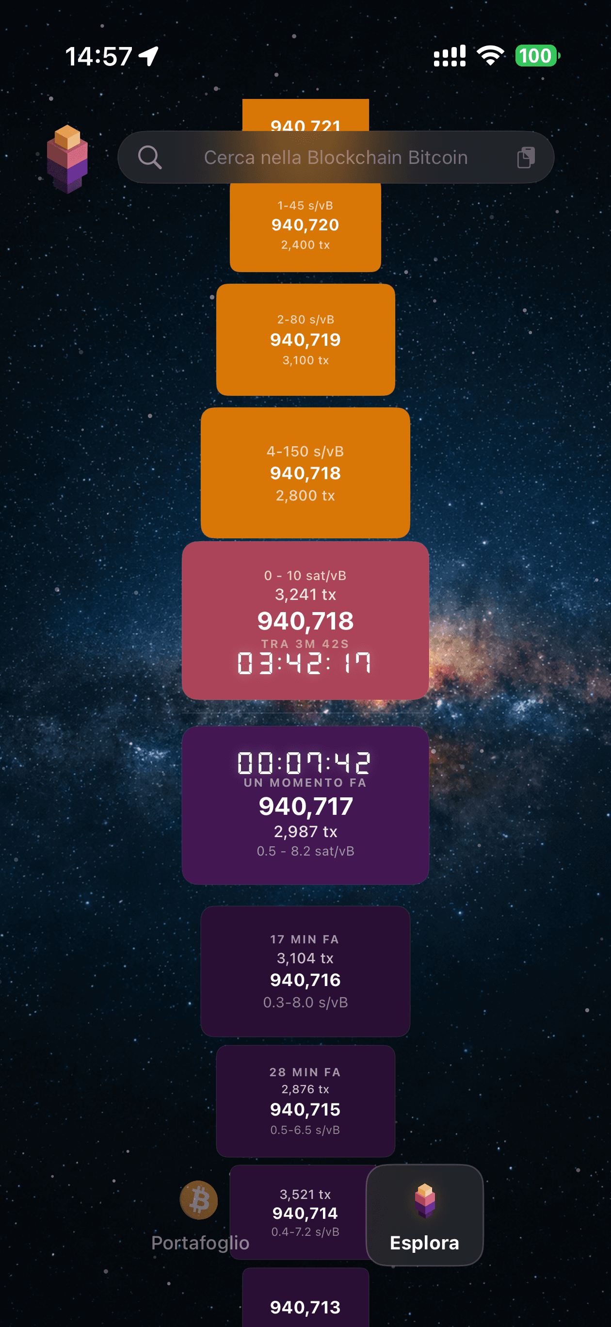 TZUR Wallet su iPhone che mostra l'explorer Bitcoin BlockSight integrato