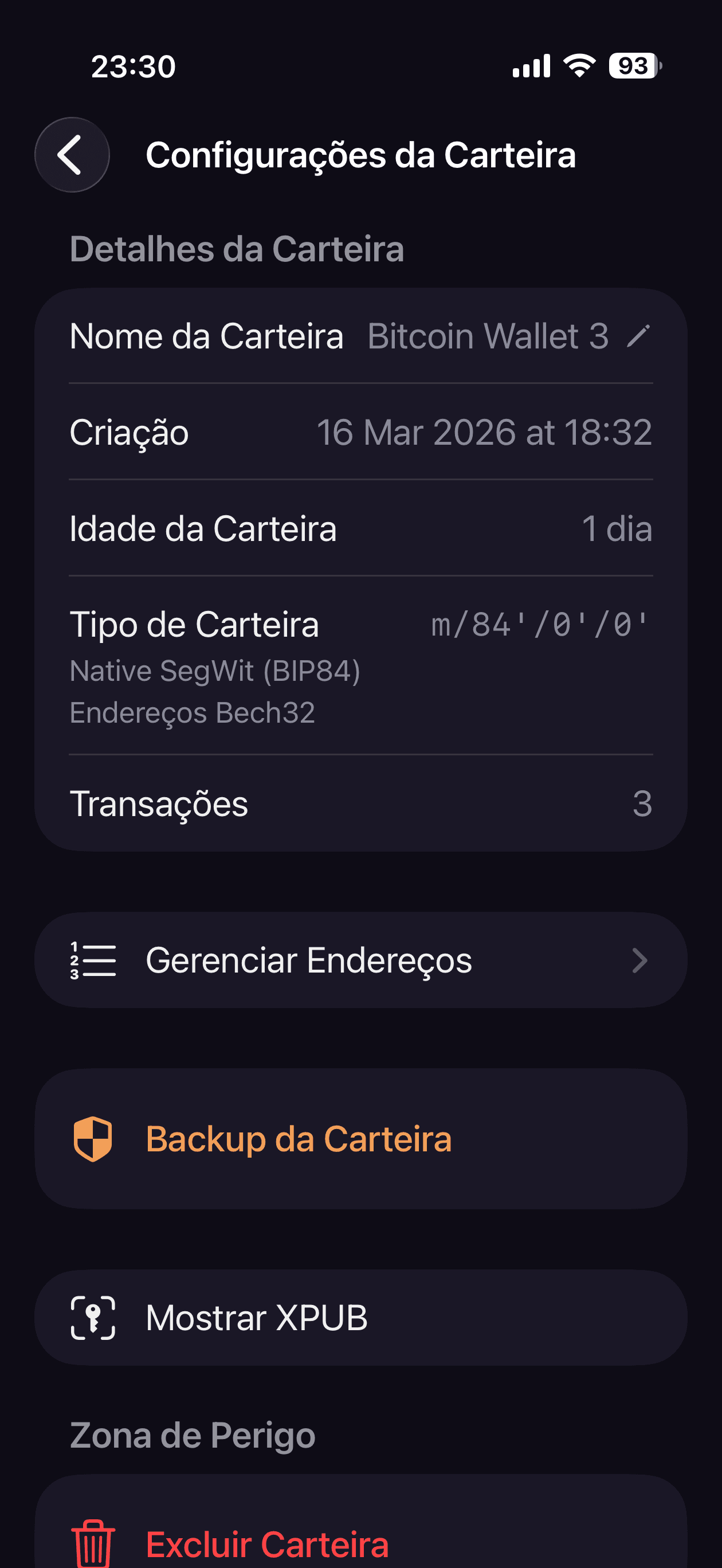 Configurações da Carteira